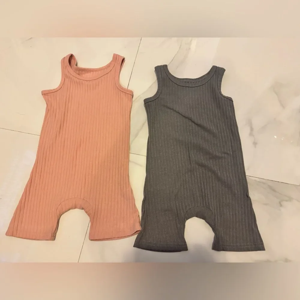 Ribbed Sleeveless kids Rompers in Pink and Gray #22